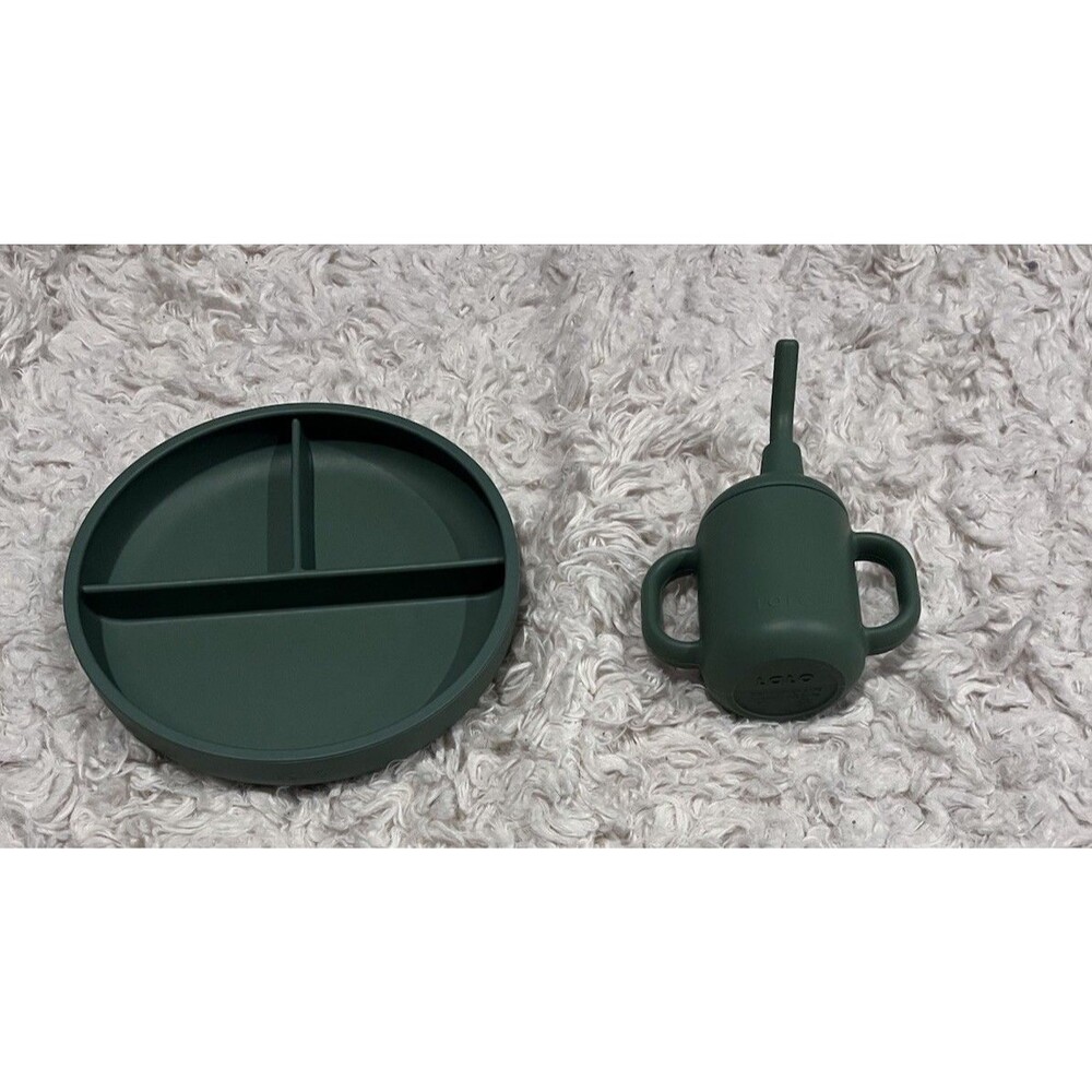 Lalo Silicone Green Baby Feeding Set Cup And Plate Suction Toddler Dishware